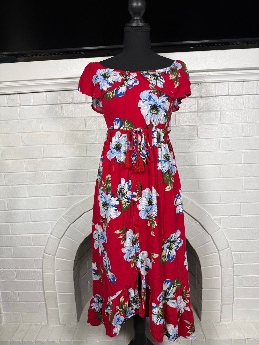 Band of Gypsies- Red Blue Floral Dress Women's Size XS Smocked Bohemian Dress